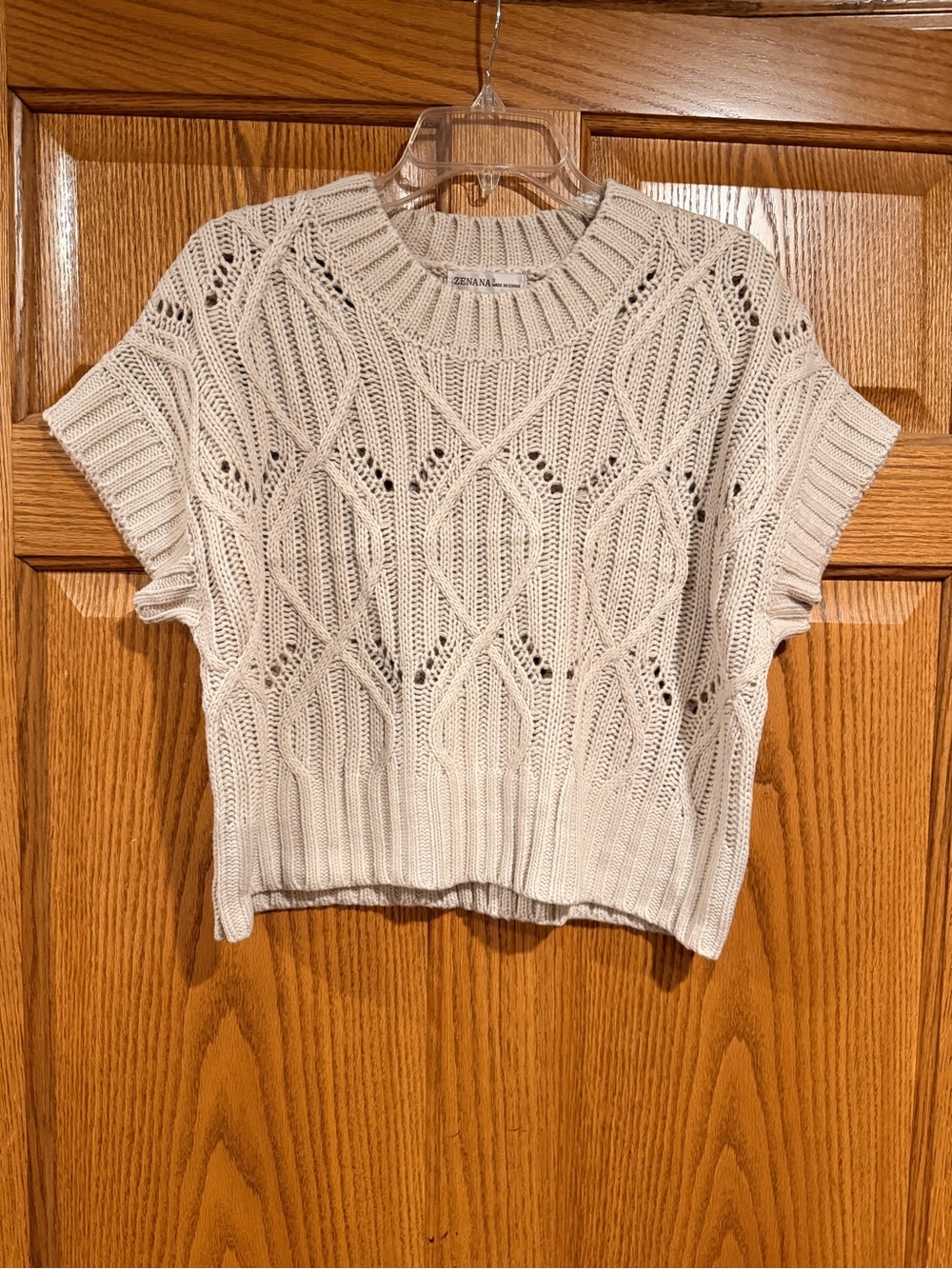 Zenana Outfitters Cream Cable-Knit Short Sleeve Crew Sweater - Picture 2 of 4